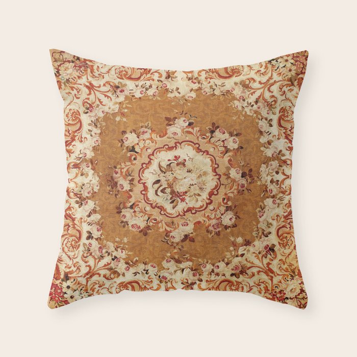 Aubusson 19th Century French Floral Rug Print Throw Pillow Gallery Image 6