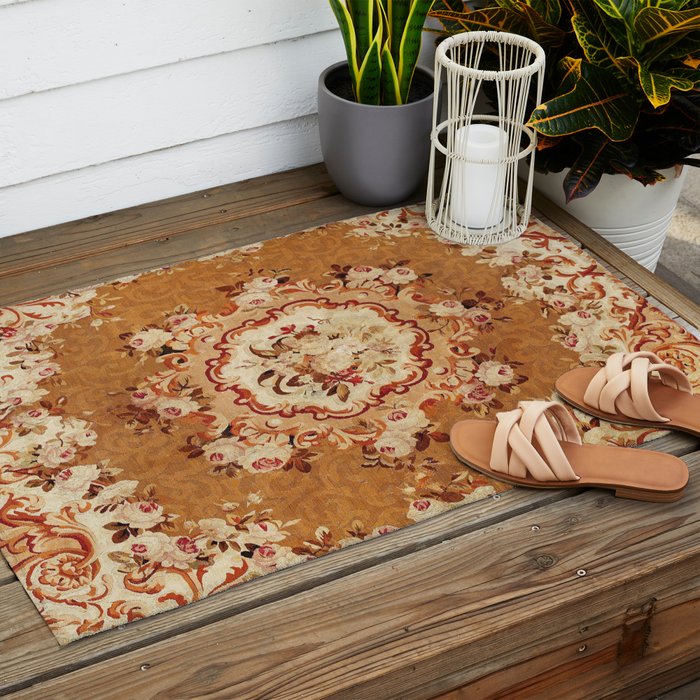 Aubusson 19th Century French Floral Rug Print Outdoor Rug Gallery Image 2