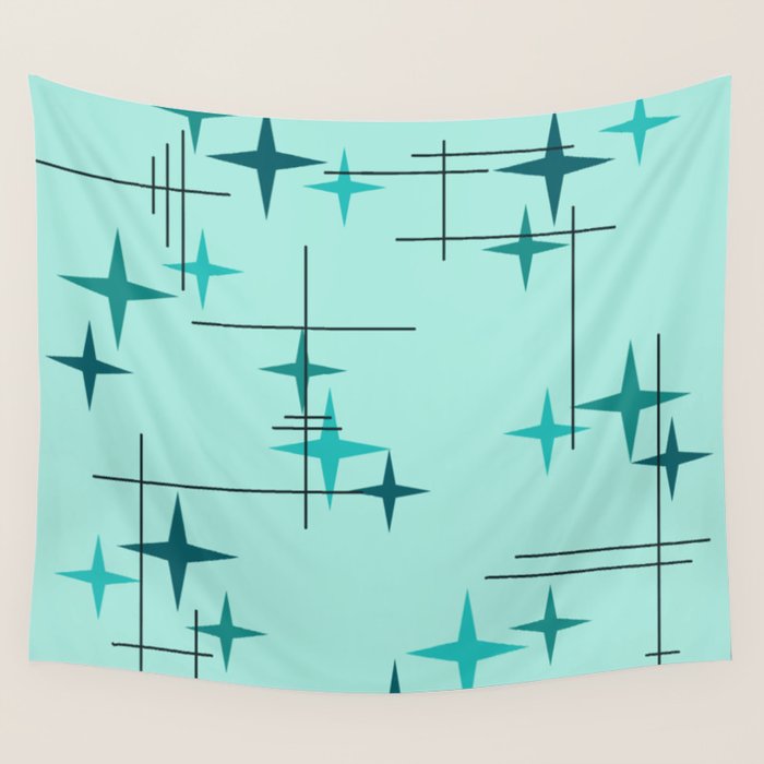 Mid Century Modern Stars Turquoise Wall Tapestry Gallery Image 4