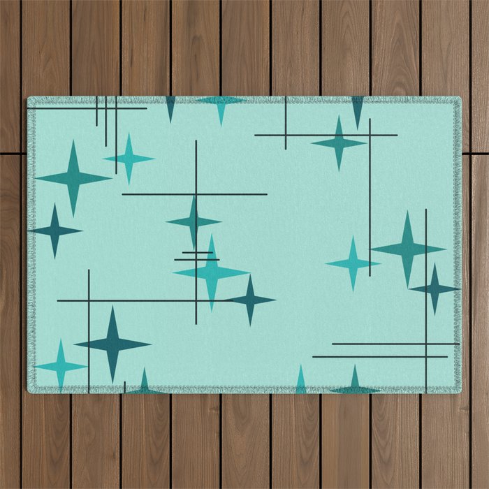 Mid Century Modern Stars Turquoise Outdoor Rug Gallery Image 1