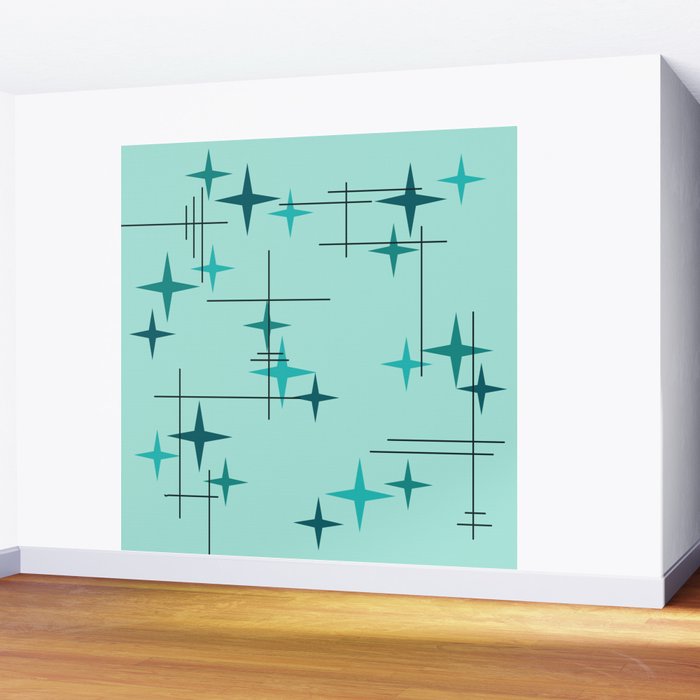 Mid Century Modern Stars Turquoise Wall Mural Gallery Image 2