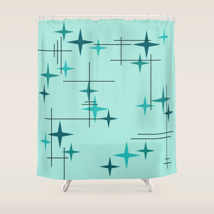 Mid Century Modern Stars Turquoise Shower Curtain Gallery Image 1