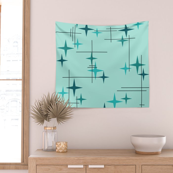 Mid Century Modern Stars Turquoise Wall Tapestry Gallery Image 2