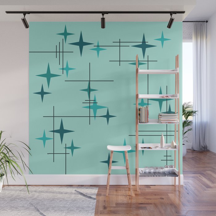 Mid Century Modern Stars Turquoise Wall Mural Gallery Image 1