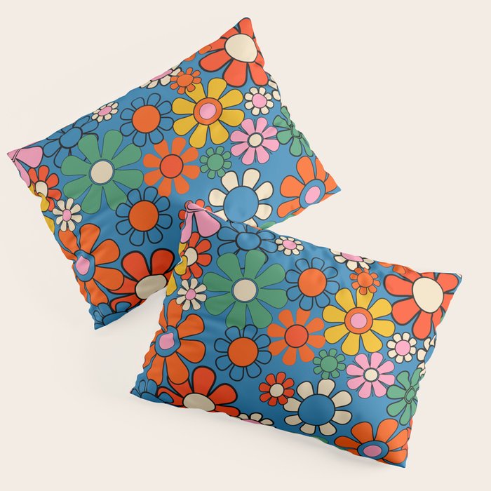 Groovy Floral Retro Garden Bold and Colorful 60s 70s Flower Pattern with Blue Pillow Sham Gallery Image 3