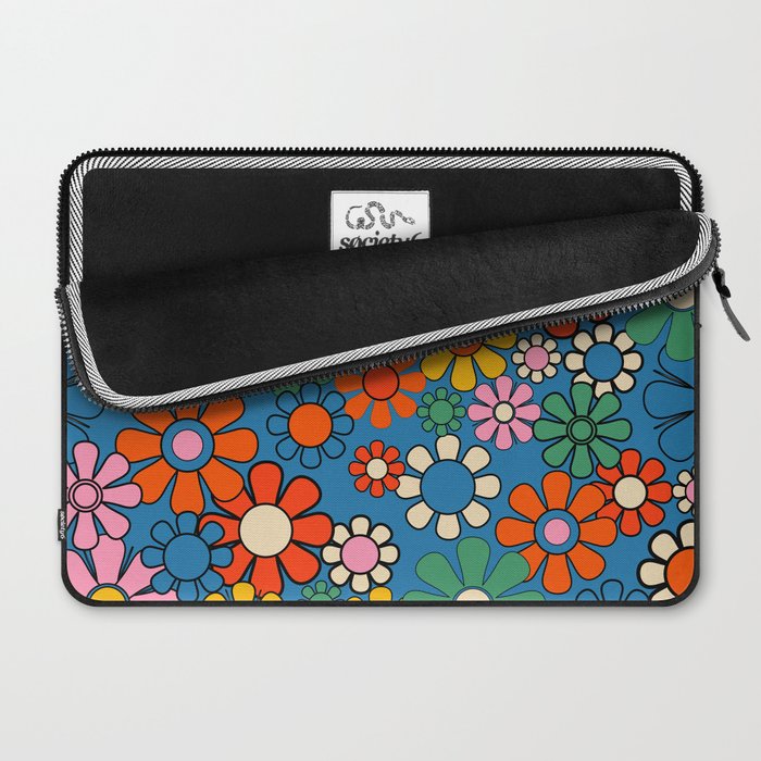 Groovy Floral Retro Garden Bold and Colorful 60s 70s Flower Pattern with Blue Laptop Sleeve Gallery Image 2