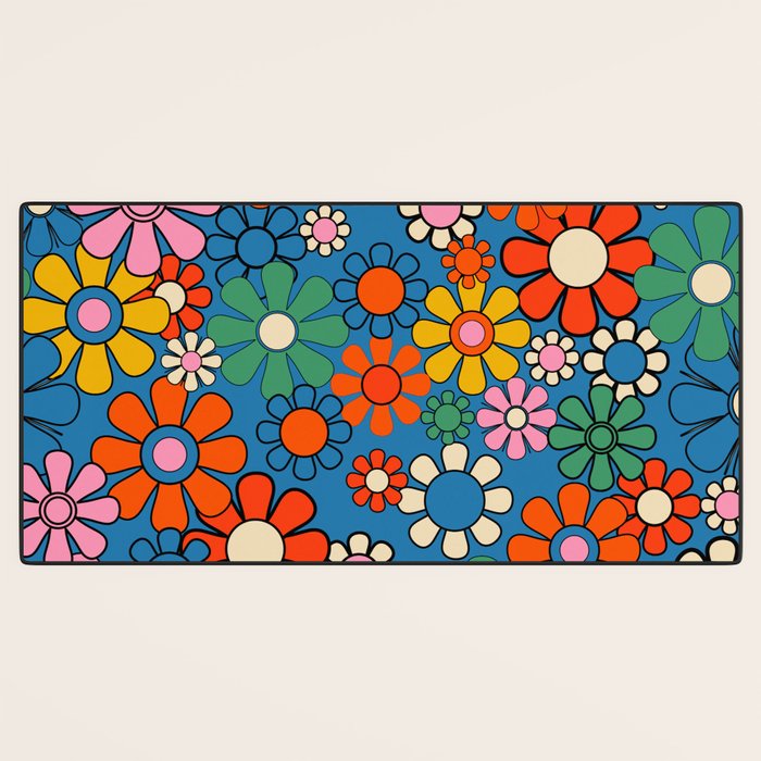 Groovy Floral Retro Garden Bold and Colorful 60s 70s Flower Pattern with Blue Desk Mat Gallery Image 3