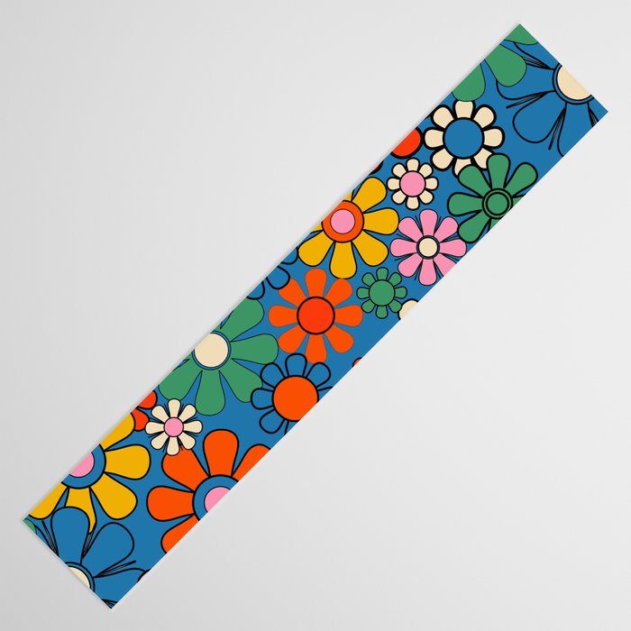 Groovy Floral Retro Garden Bold and Colorful 60s 70s Flower Pattern with Blue Table Runner Gallery Image 3
