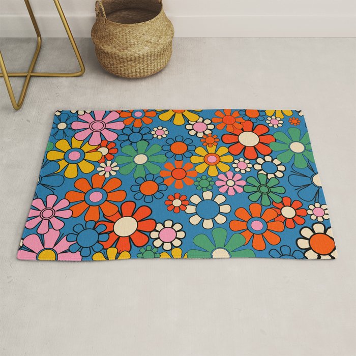 Groovy Floral Retro Garden Bold and Colorful 60s 70s Flower Pattern with Blue Rug Gallery Image 1