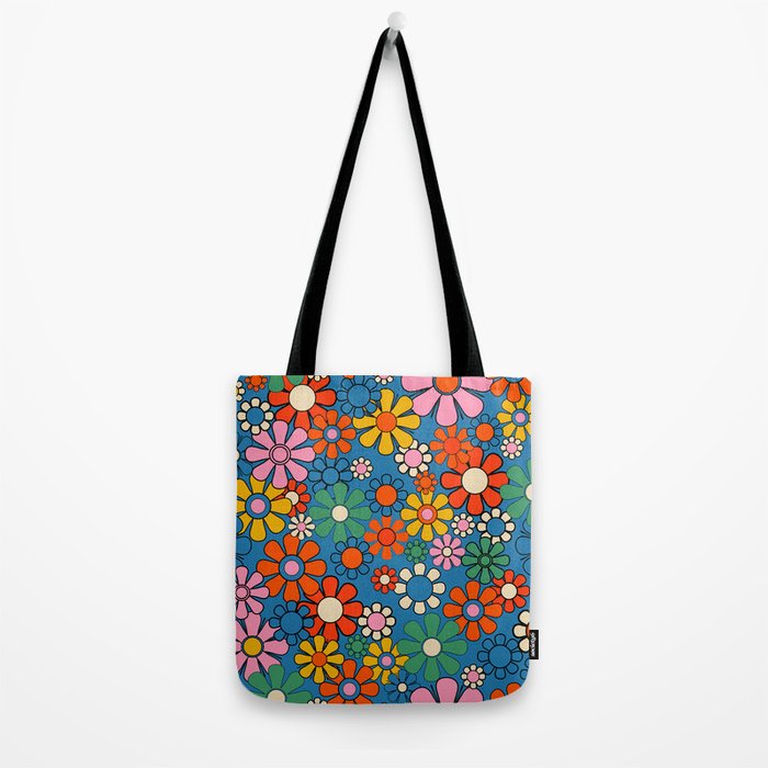 Groovy Floral Retro Garden Bold and Colorful 60s 70s Flower Pattern with Blue Tote Bag Gallery Image 2