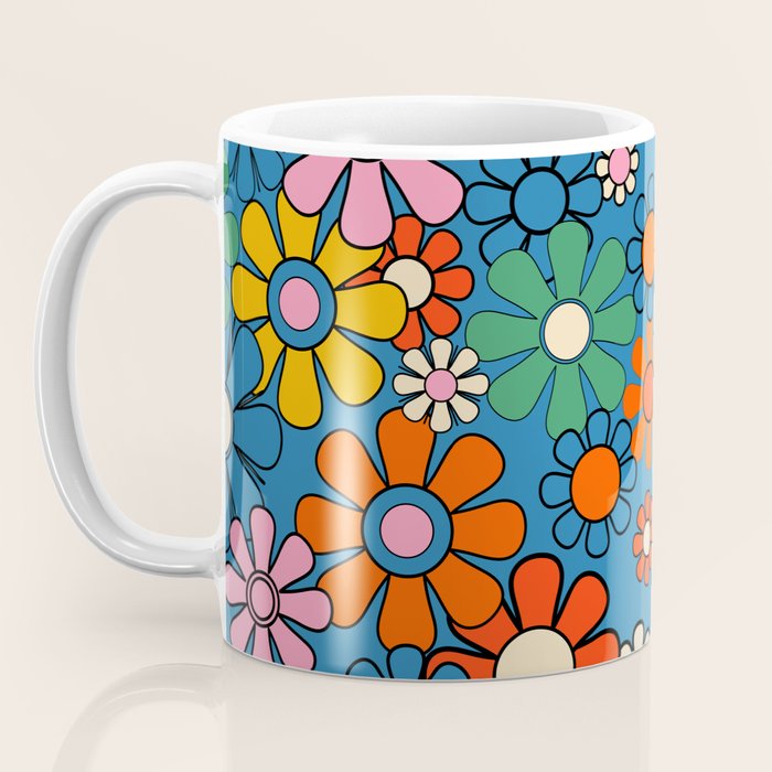 Groovy Floral Retro Garden Bold and Colorful 60s 70s Flower Pattern with Blue Coffee Mug Gallery Image 3