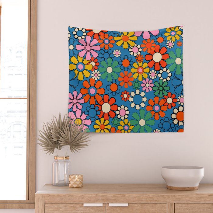 Groovy Floral Retro Garden Bold and Colorful 60s 70s Flower Pattern with Blue Wall Tapestry Gallery Image 2