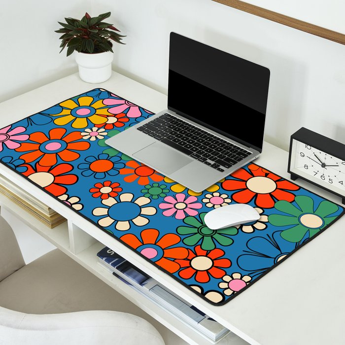 Groovy Floral Retro Garden Bold and Colorful 60s 70s Flower Pattern with Blue Desk Mat Gallery Image 2