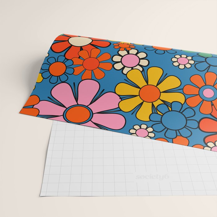 Groovy Floral Retro Garden Bold and Colorful 60s 70s Flower Pattern with Blue Wrapping Paper Gallery Image 2
