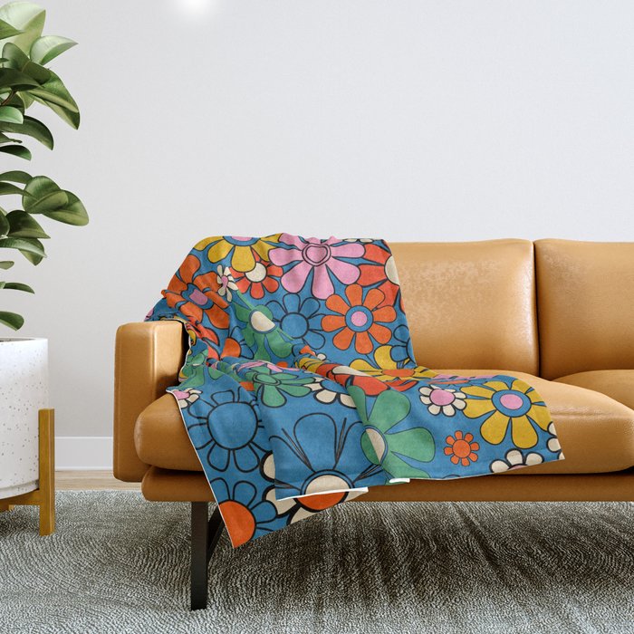 Groovy Floral Retro Garden Bold and Colorful 60s 70s Flower Pattern with Blue Throw Blanket Gallery Image 1