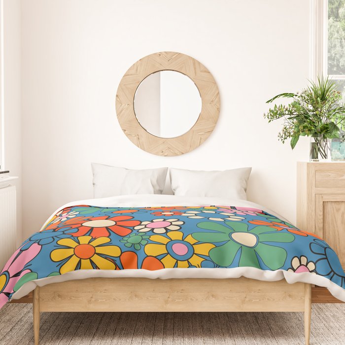 Groovy Floral Retro Garden Bold and Colorful 60s 70s Flower Pattern with Blue Duvet Cover Gallery Image 3