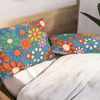 Groovy Floral Retro Garden Bold and Colorful 60s 70s Flower Pattern with Blue Pillow Sham Gallery Image 2