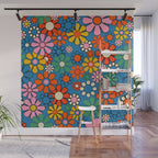 Groovy Floral Retro Garden Bold and Colorful 60s 70s Flower Pattern with Blue Wall Mural Gallery Image 1