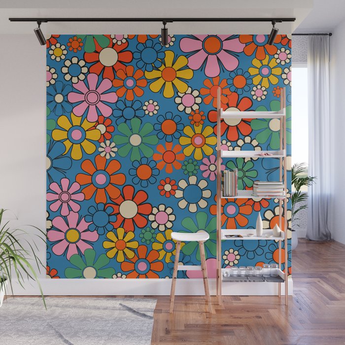 Groovy Floral Retro Garden Bold and Colorful 60s 70s Flower Pattern with Blue Wall Mural Gallery Image 1