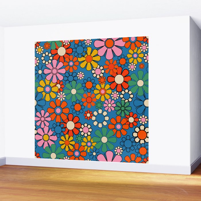 Groovy Floral Retro Garden Bold and Colorful 60s 70s Flower Pattern with Blue Wall Mural Gallery Image 2