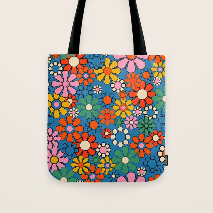 Groovy Floral Retro Garden Bold and Colorful 60s 70s Flower Pattern with Blue Tote Bag Gallery Image 1