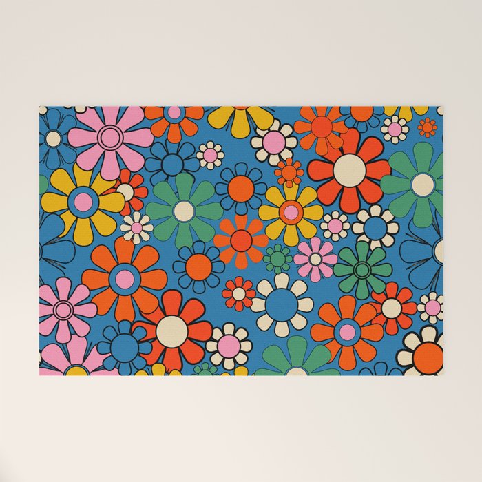 Groovy Floral Retro Garden Bold and Colorful 60s 70s Flower Pattern with Blue Welcome Mat Gallery Image 1