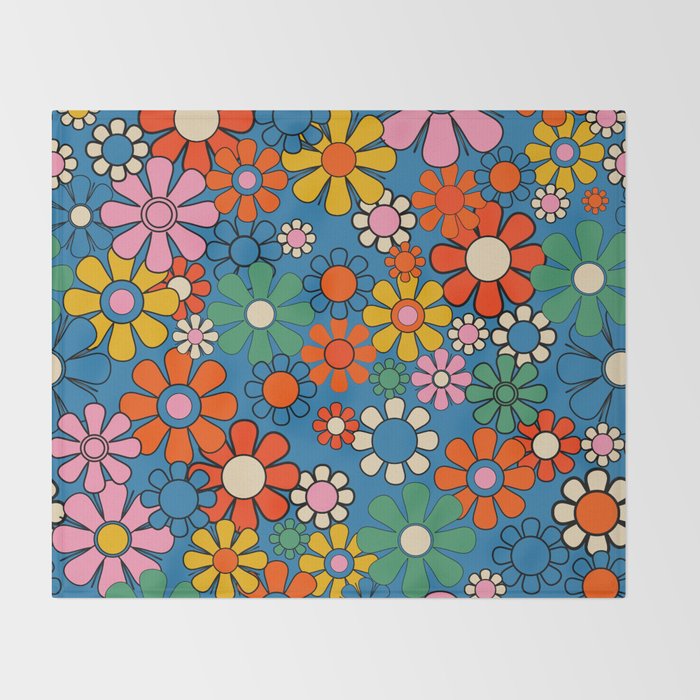 Groovy Floral Retro Garden Bold and Colorful 60s 70s Flower Pattern with Blue Throw Blanket Gallery Image 2