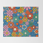 Groovy Floral Retro Garden Bold and Colorful 60s 70s Flower Pattern with Blue Throw Blanket Gallery Image 2