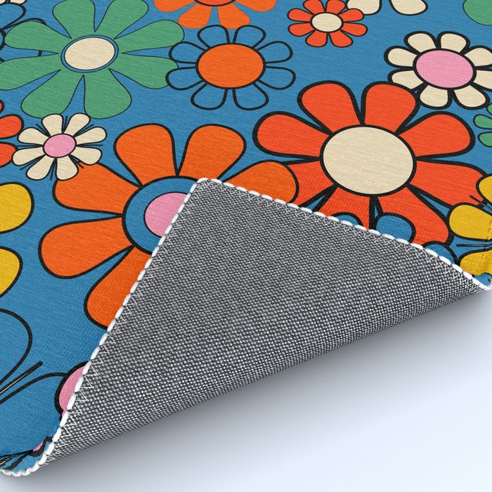 Groovy Floral Retro Garden Bold and Colorful 60s 70s Flower Pattern with Blue Rug Gallery Image 4