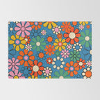 Groovy Floral Retro Garden Bold and Colorful 60s 70s Flower Pattern with Blue Rug Gallery Image 2