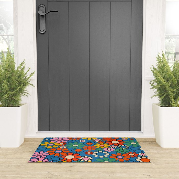 Groovy Floral Retro Garden Bold and Colorful 60s 70s Flower Pattern with Blue Welcome Mat Gallery Image 3