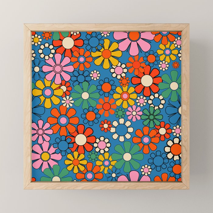 Groovy Floral Retro Garden Bold and Colorful 60s 70s Flower Pattern with Blue Mini Art Print Gallery Image 1