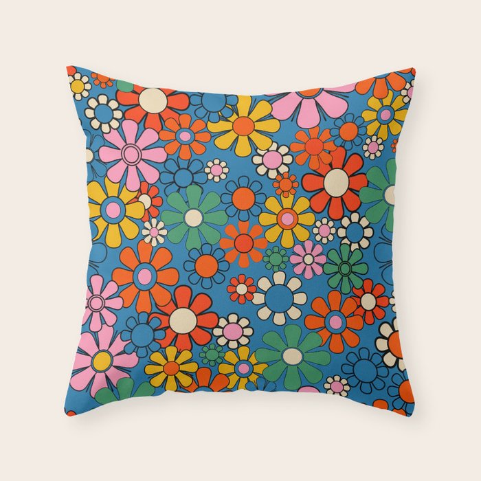 Groovy Floral Retro Garden Bold and Colorful 60s 70s Flower Pattern with Blue Throw Pillow Gallery Image 1