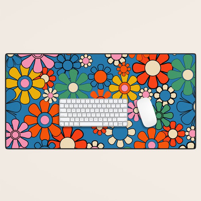 Groovy Floral Retro Garden Bold and Colorful 60s 70s Flower Pattern with Blue Desk Mat Gallery Image 1