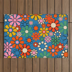 Groovy Floral Retro Garden Bold and Colorful 60s 70s Flower Pattern with Blue Outdoor Rug Gallery Image 1