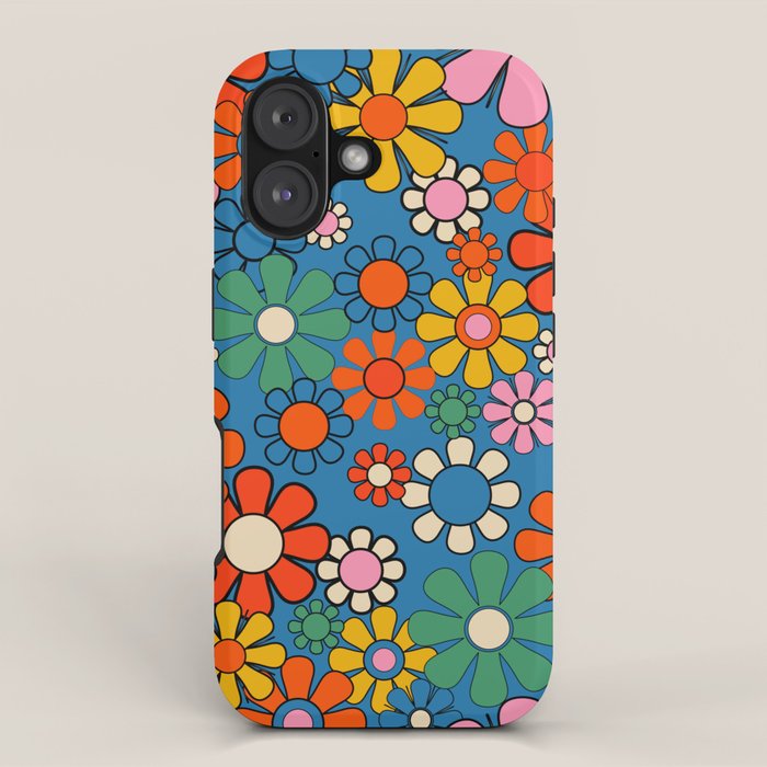 Groovy Floral Retro Garden Bold and Colorful 60s 70s Flower Pattern with Blue iPhone Case Gallery Image 1