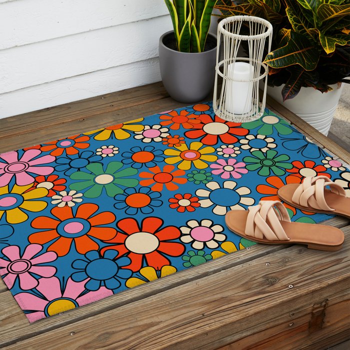 Groovy Floral Retro Garden Bold and Colorful 60s 70s Flower Pattern with Blue Outdoor Rug Gallery Image 2