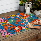 Groovy Floral Retro Garden Bold and Colorful 60s 70s Flower Pattern with Blue Outdoor Rug Gallery Image 2
