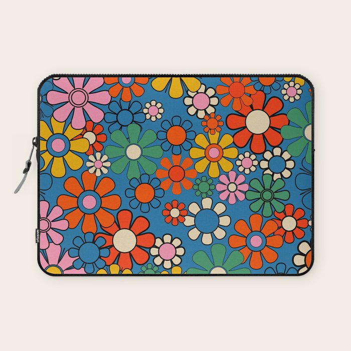 Groovy Floral Retro Garden Bold and Colorful 60s 70s Flower Pattern with Blue Laptop Sleeve Gallery Image 1