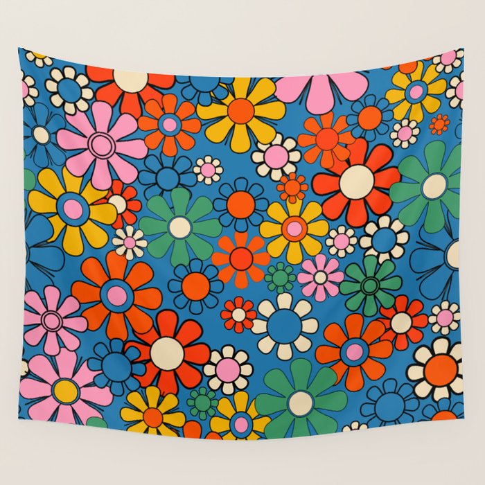 Groovy Floral Retro Garden Bold and Colorful 60s 70s Flower Pattern with Blue Wall Tapestry Gallery Image 4