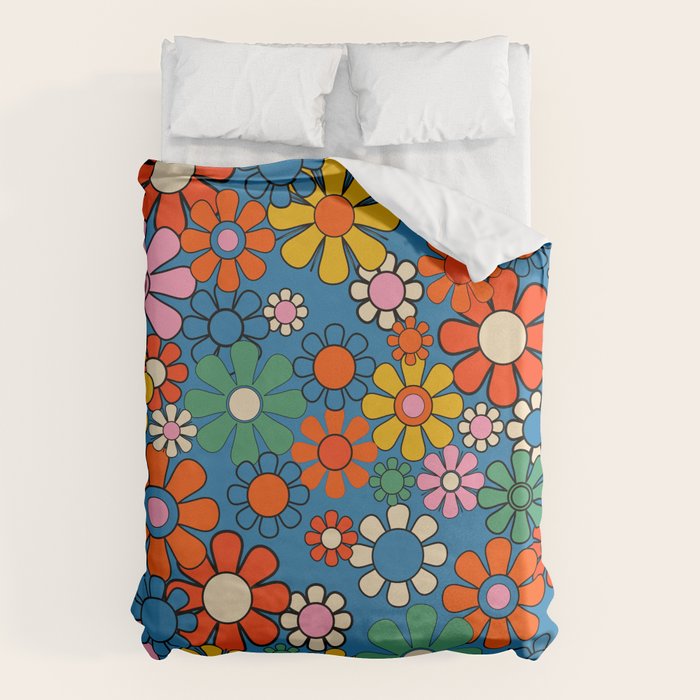 Groovy Floral Retro Garden Bold and Colorful 60s 70s Flower Pattern with Blue Duvet Cover Gallery Image 1