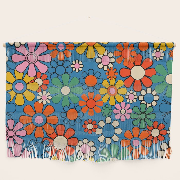 Groovy Floral Retro Garden Bold and Colorful 60s 70s Flower Pattern with Blue Wall Hanging Gallery Image 1