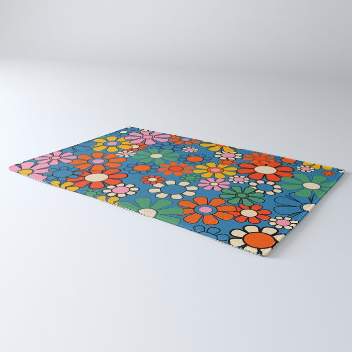 Groovy Floral Retro Garden Bold and Colorful 60s 70s Flower Pattern with Blue Rug Gallery Image 3