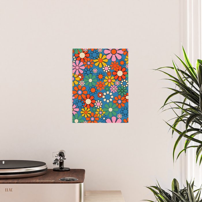 Groovy Floral Retro Garden Bold and Colorful 60s 70s Flower Pattern with Blue Poster Gallery Image 2