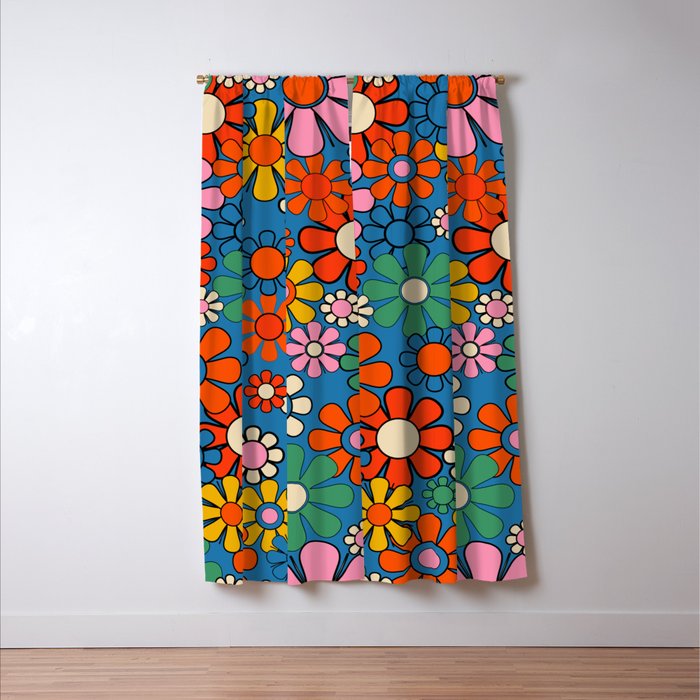 Groovy Floral Retro Garden Bold and Colorful 60s 70s Flower Pattern with Blue Window Curtain Gallery Image 3