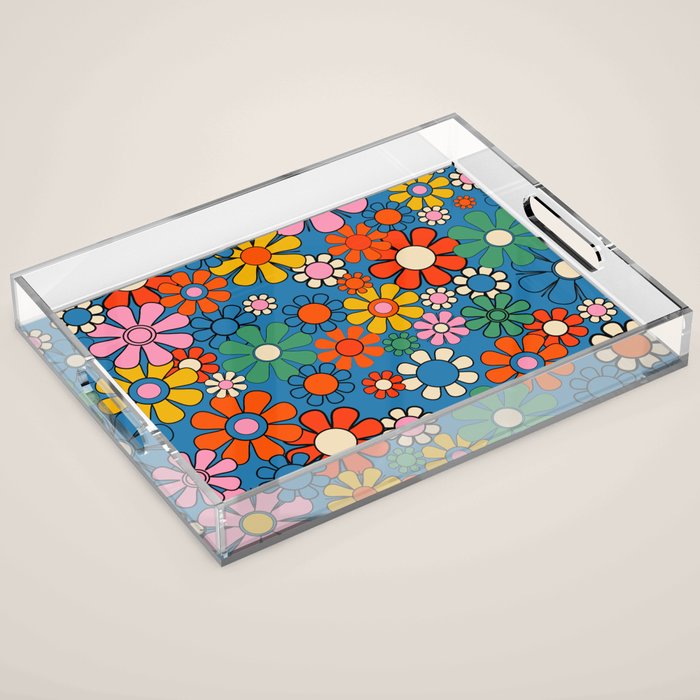 Groovy Floral Retro Garden Bold and Colorful 60s 70s Flower Pattern with Blue Acrylic Tray Gallery Image 1