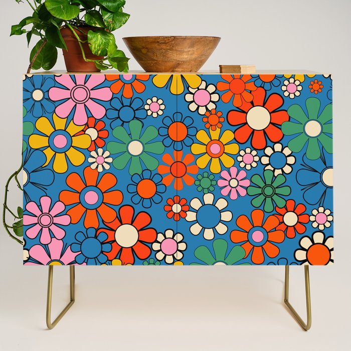 Groovy Floral Retro Garden Bold and Colorful 60s 70s Flower Pattern with Blue Credenza Gallery Image 1