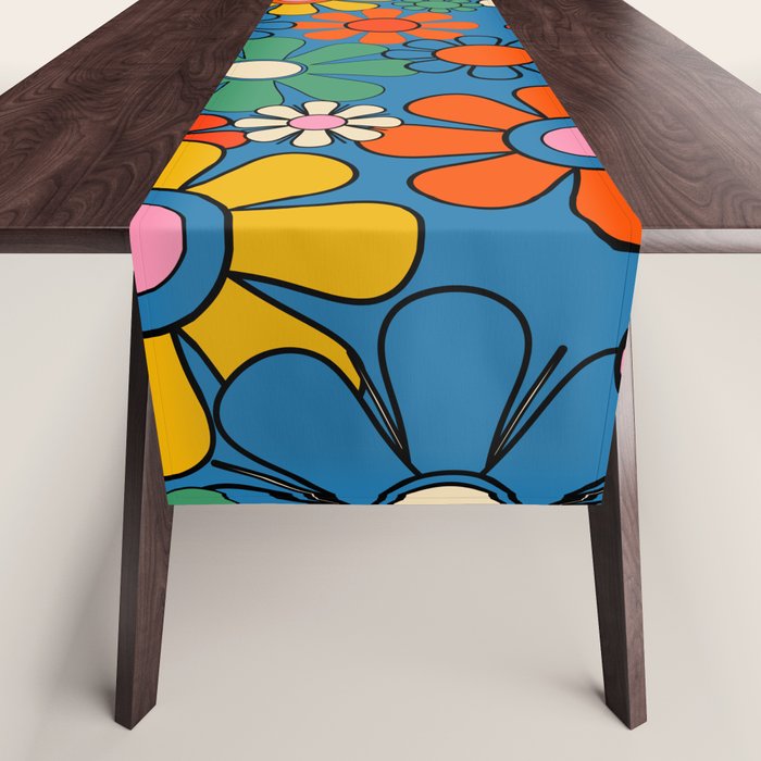 Groovy Floral Retro Garden Bold and Colorful 60s 70s Flower Pattern with Blue Table Runner Gallery Image 1