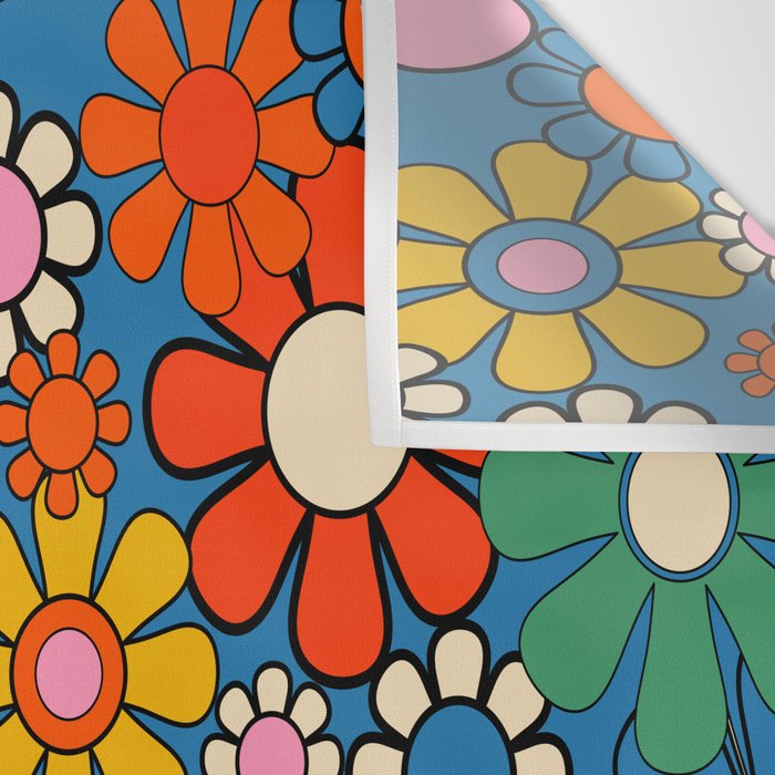 Groovy Floral Retro Garden Bold and Colorful 60s 70s Flower Pattern with Blue Wall Tapestry Gallery Image 3