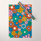 Groovy Floral Retro Garden Bold and Colorful 60s 70s Flower Pattern with Blue Wrapping Paper Gallery Image 1